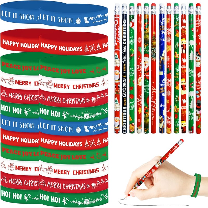 Zhirlyn 48 Pcs Christmas Pencils Set 24 Pcs Christmas Pencil Xmas Pencil 24 Pc Christmas Silicone Bracelets Silicon Wristbands Christmas Stocking Stuffers (Classic) - Image 1